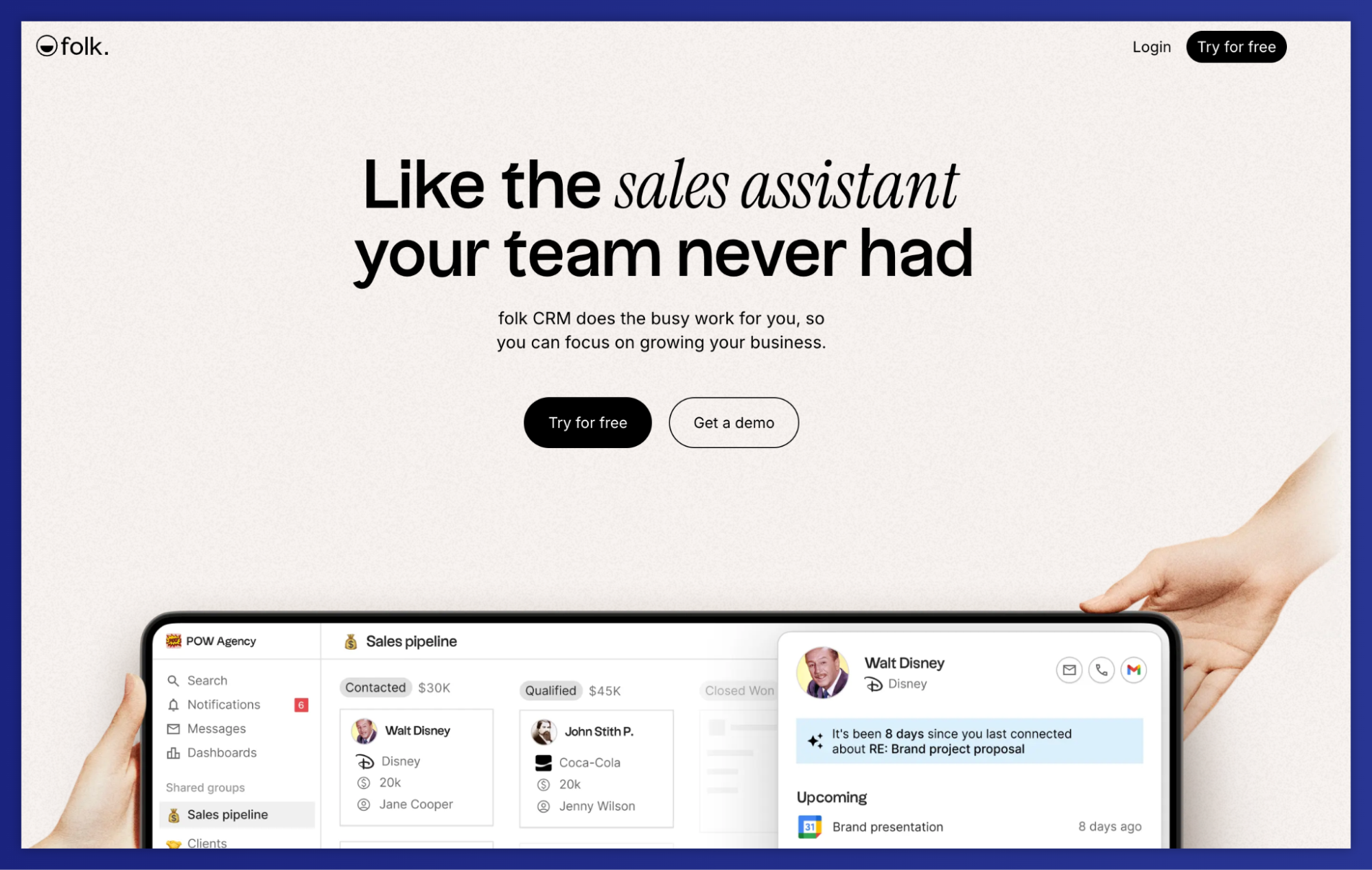 Folk CRM landing page with the slogan "Like the sales assistant your team never had" and hands holding a smartphone showing its sales pipeline.