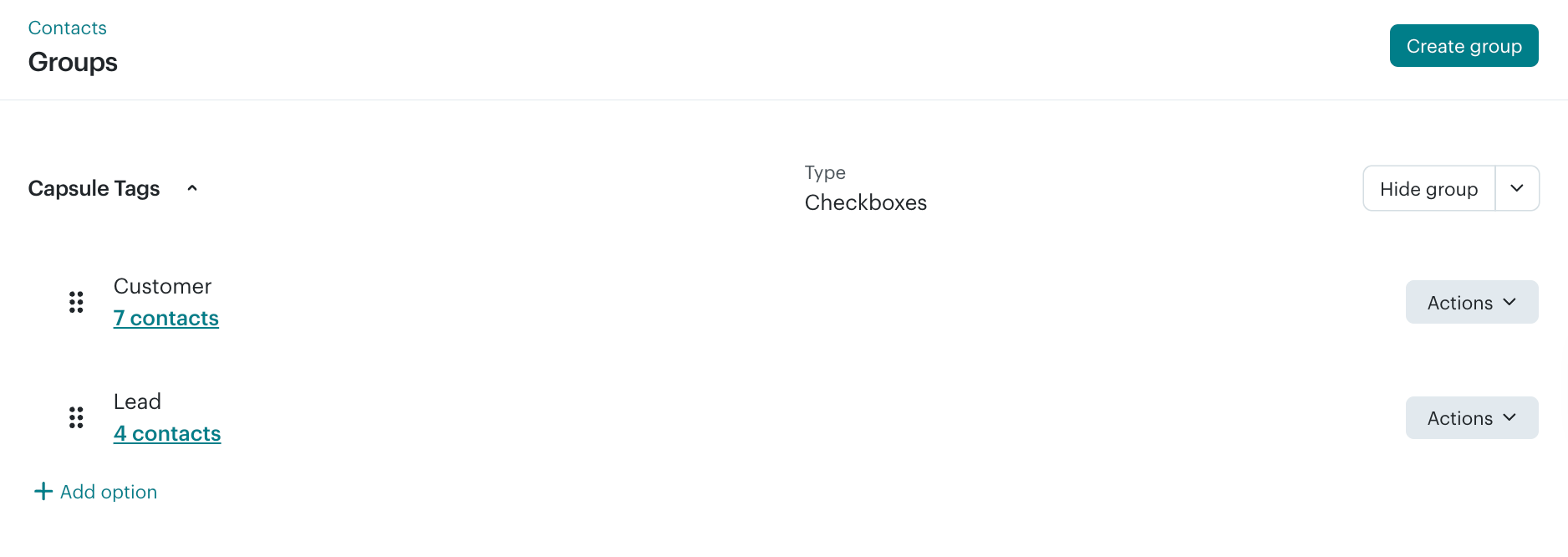 Add Group button and current group expanded with examples