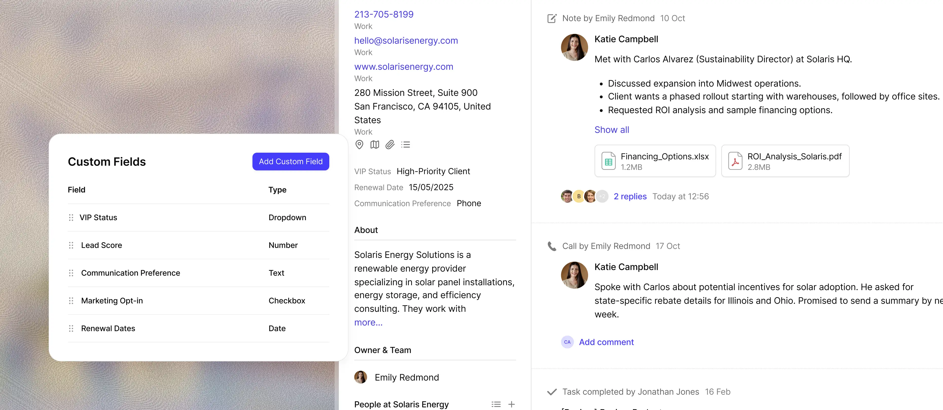 A CRM dashboard with a custom fields panel, client details for Solaris Energy Solutions, and an activity log showing notes and documents.