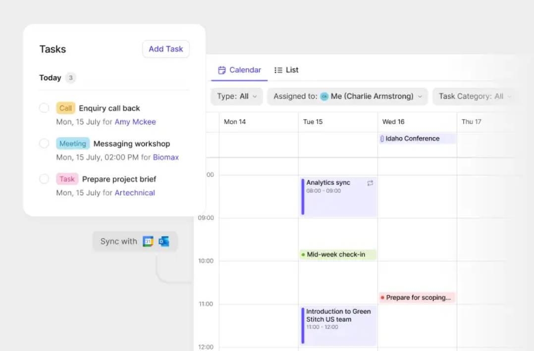 A task management and calendar application interface, displaying a list of daily tasks on the left and a weekly schedule of events on the right, with sync options.