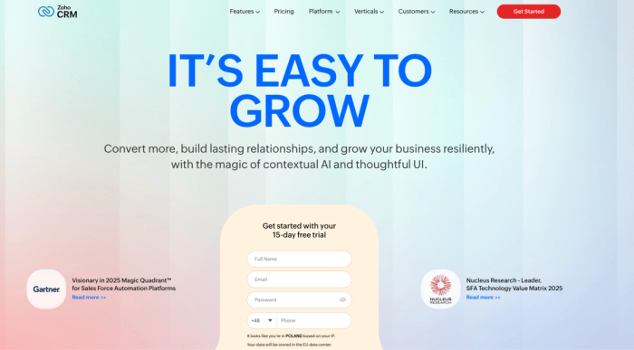 Zoho CRM landing page with the headline "IT'S EASY TO GROW," a free trial sign-up form, and recognition from Gartner and Nucleus Research.