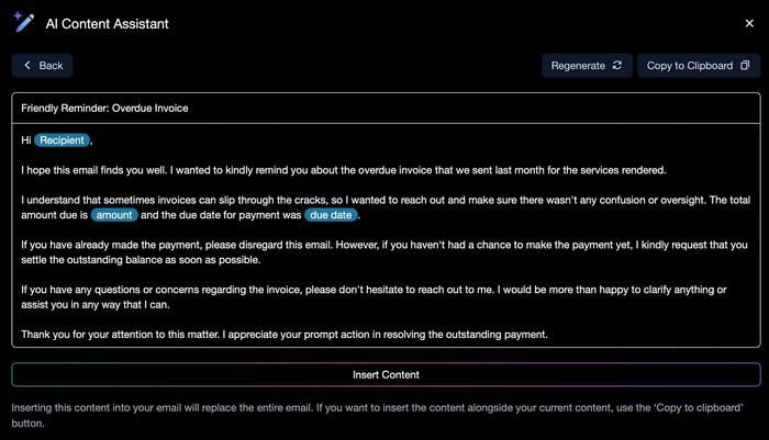 A screenshot of the AI assistant in Capsule showing a pre-filled email