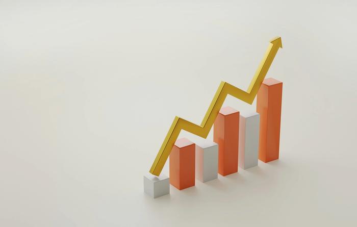 a 3d rendering of a growing graph with an arrow going up .
