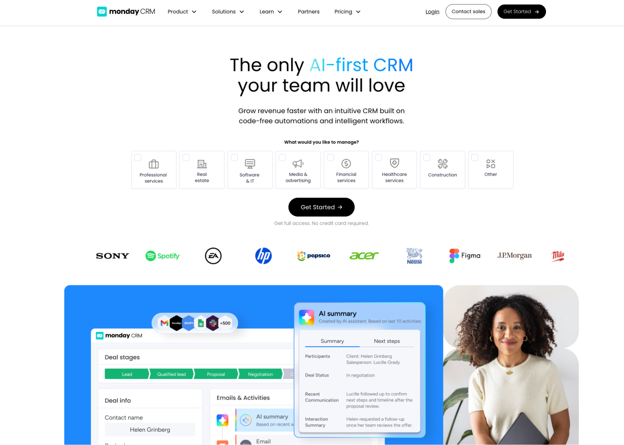 monday CRM website with the headline "AI-first CRM," showing a software interface with an AI summary and a smiling woman.
