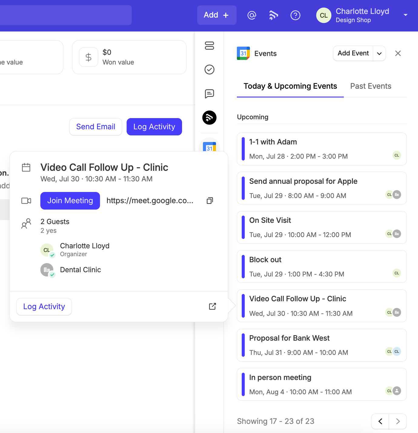 botón de unirse a la reunión al pasar el cursor sobre un evento que tiene un enlace asociado de Zoom o Google Meet