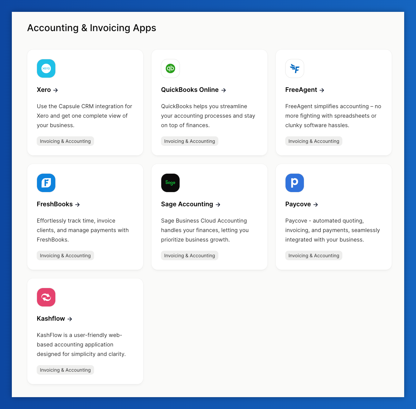 una captura de pantalla de la página de las aplicaciones de contabilidad y facturación