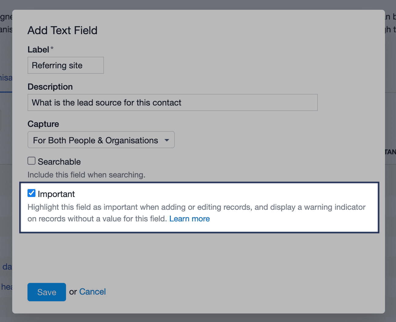 opção para adicionar campos importantes nas configurações da conta