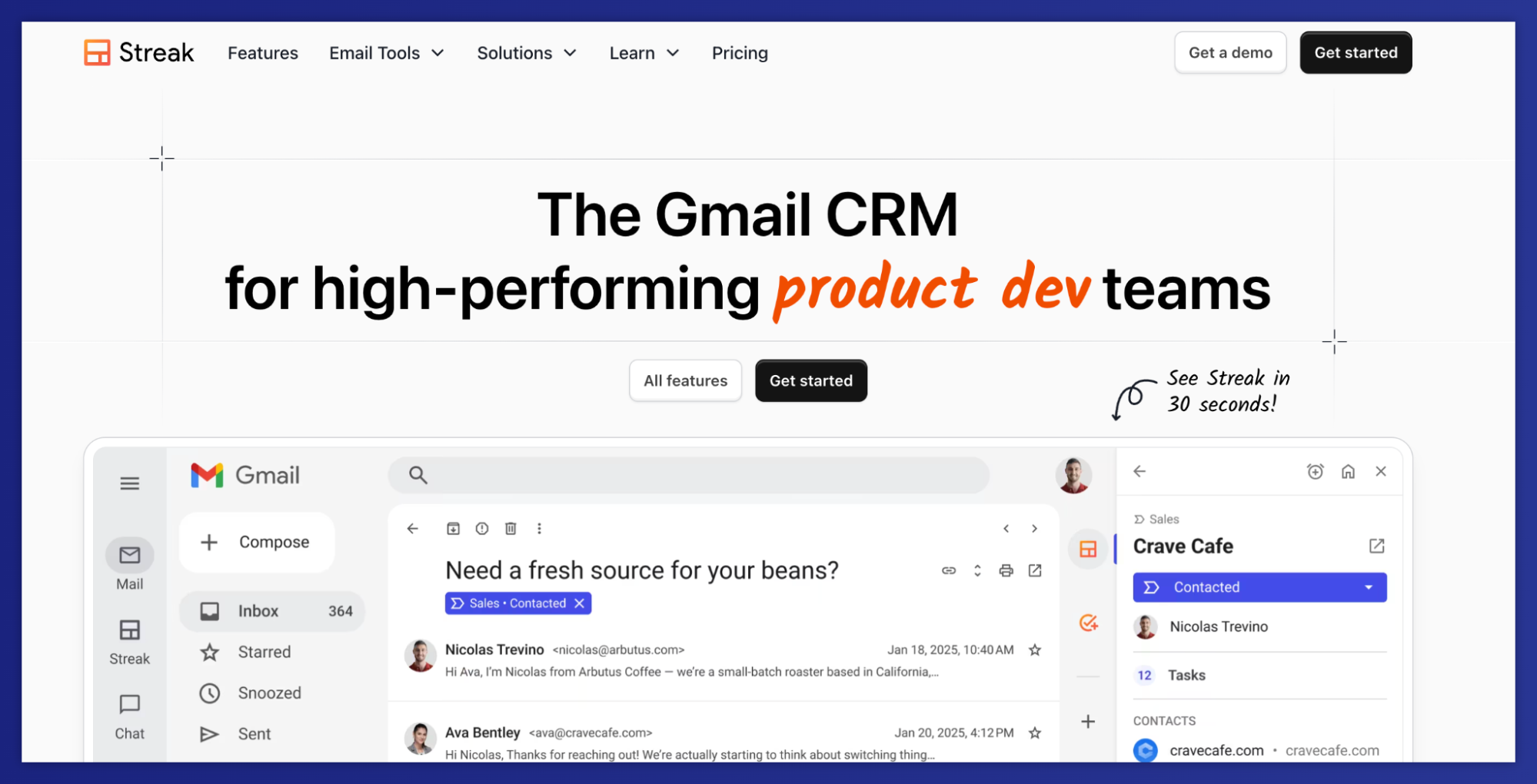 Streak CRM website demonstrating its interface integrated into a Gmail inbox, with an open email and a contact sidebar.