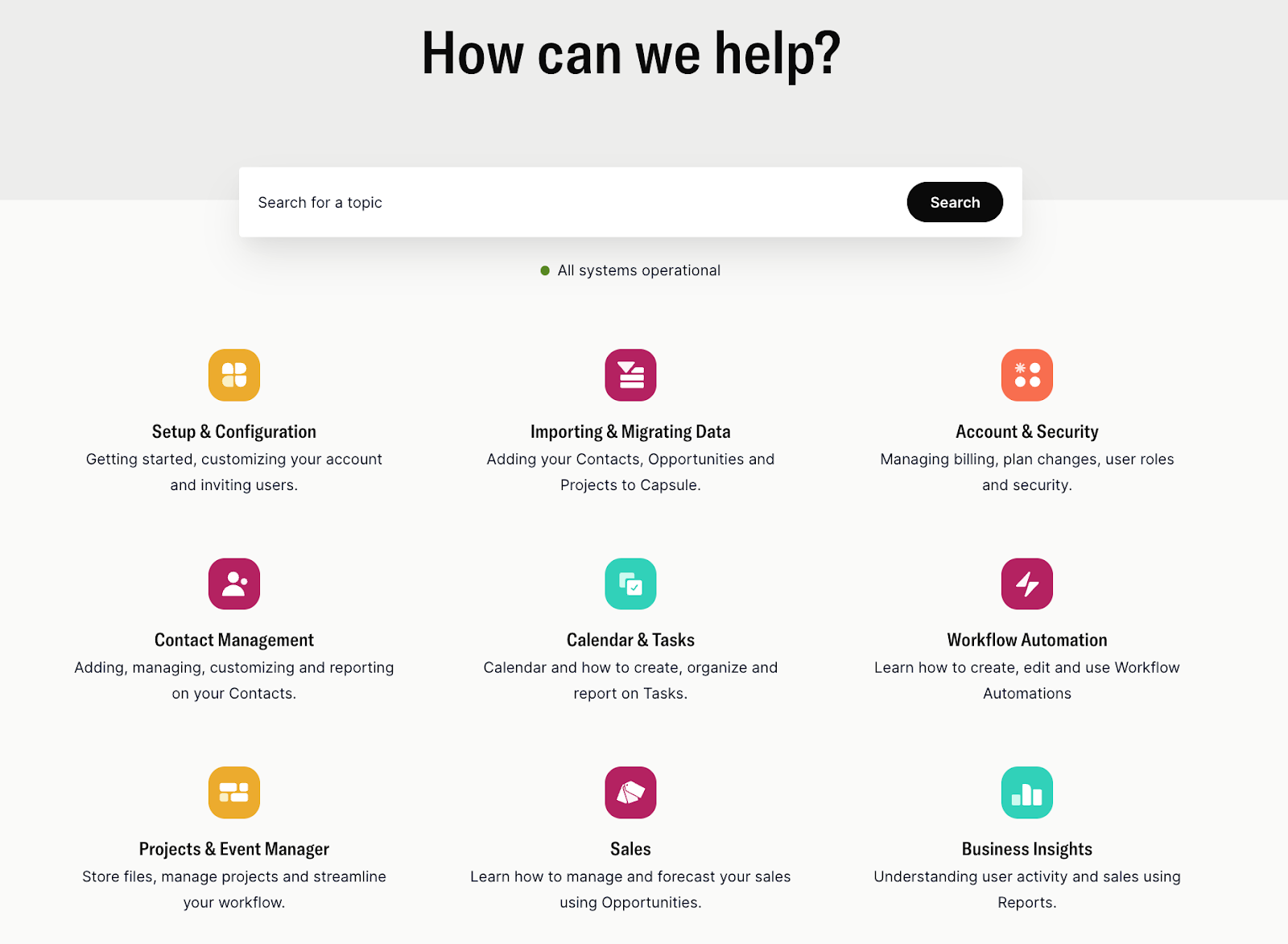 A help page titled "How can we help?" with a search bar, "All systems operational" status, and nine support categories including Setup, Account & Security, and Sales.