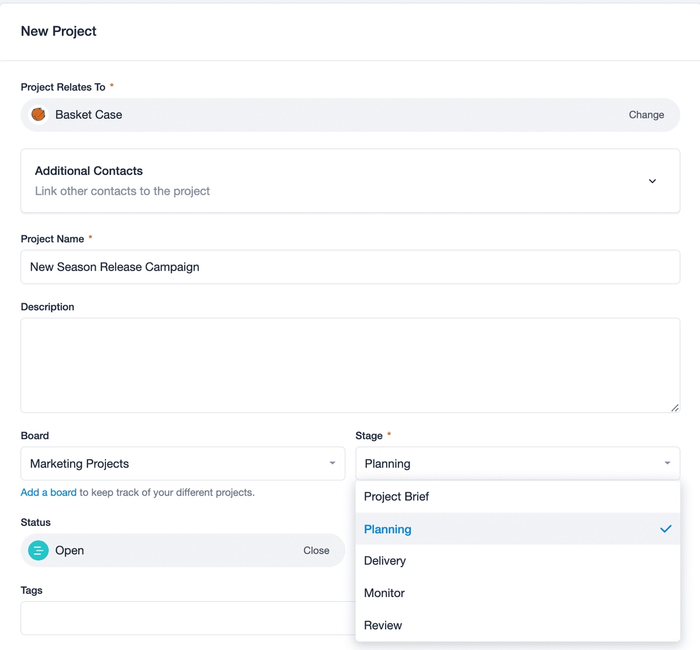 New Project edit screen displaying the field options to assign the Project a board and a stage