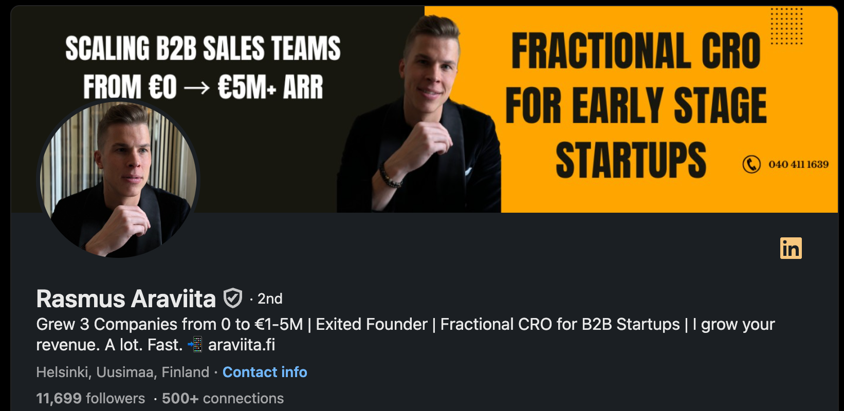 LinkedIn profile banner for a fractional CRO serving early-stage startups.