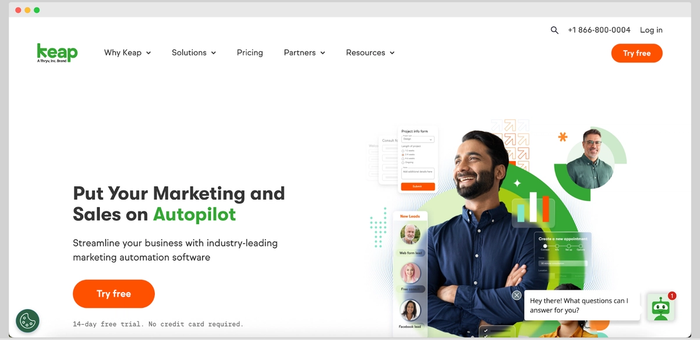 Keap's homepage with the headline "Put Your Marketing and Sales on Autopilot," showing a smiling man, lead types, and a CTA button to try the service free.