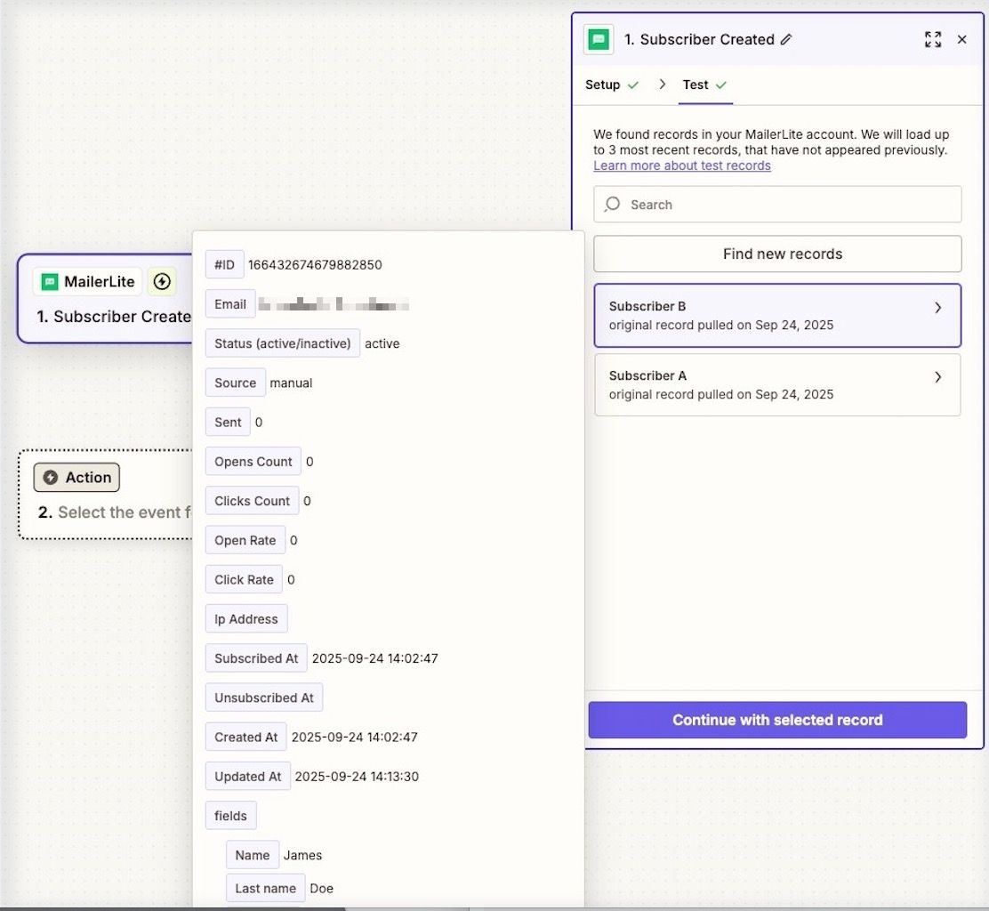 test record in zapier from mailerlite
