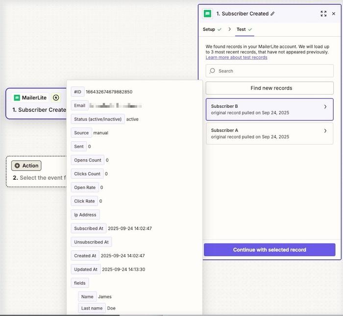 test record in zapier from mailerlite