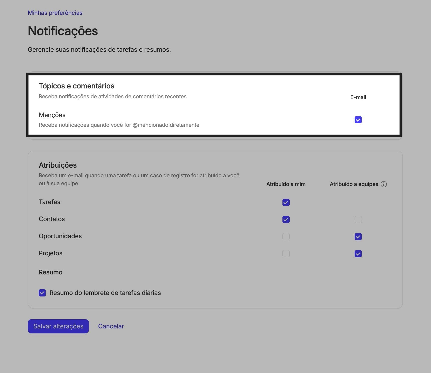 marque a caixa se deseja receber notificações para quaisquer comentários em que você seja mencionado 