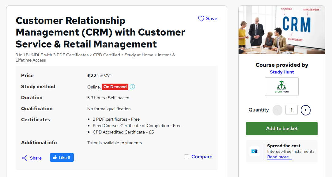 Customer Relationship Management (CRM) with Customer Service & Retail Management course by Study Hunt.