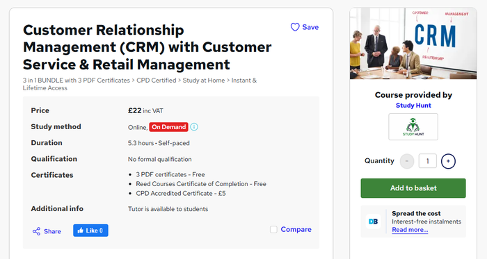 Customer Relationship Management (CRM) with Customer Service & Retail Management course by Study Hunt.