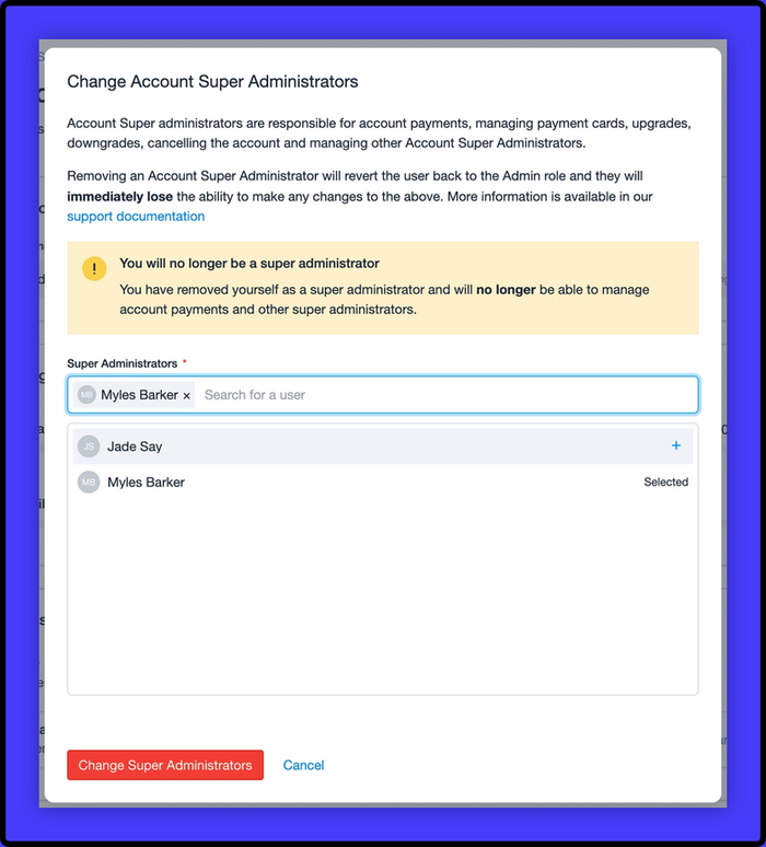 A change account super administrators page.