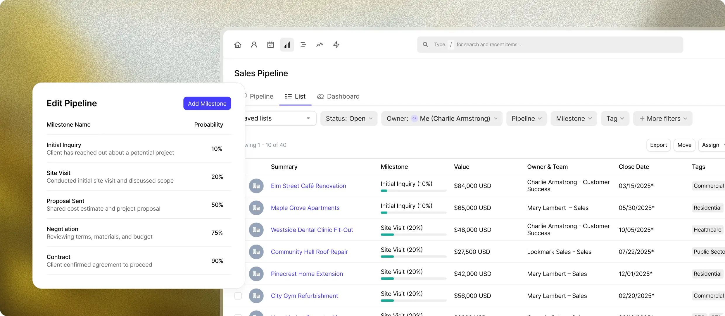 A software interface displaying a sales pipeline with a list of projects and an "Edit Pipeline" pop-up showing milestone probabilities.