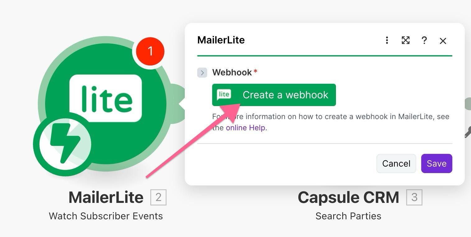 create a webhook option highlighted in mailerlite scenario