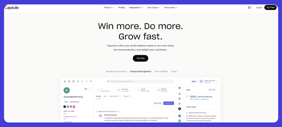 a screenshot Capsule's home page that says win more do more grow fast