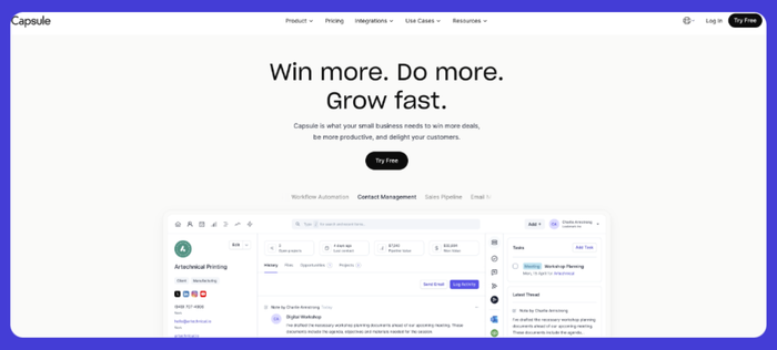 a screenshot Capsule's home page that says win more do more grow fast