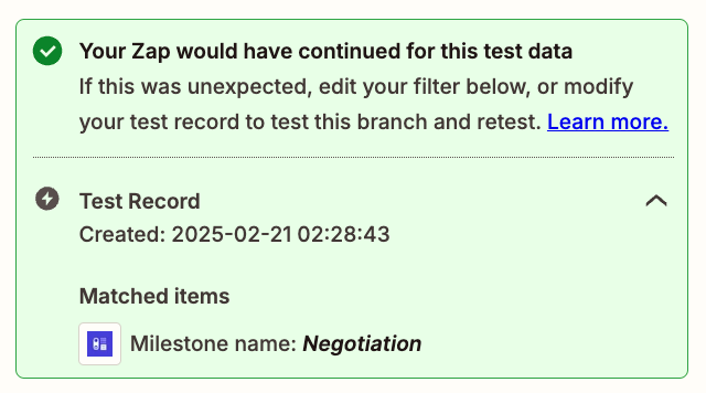 showing successful test in zapier filter step