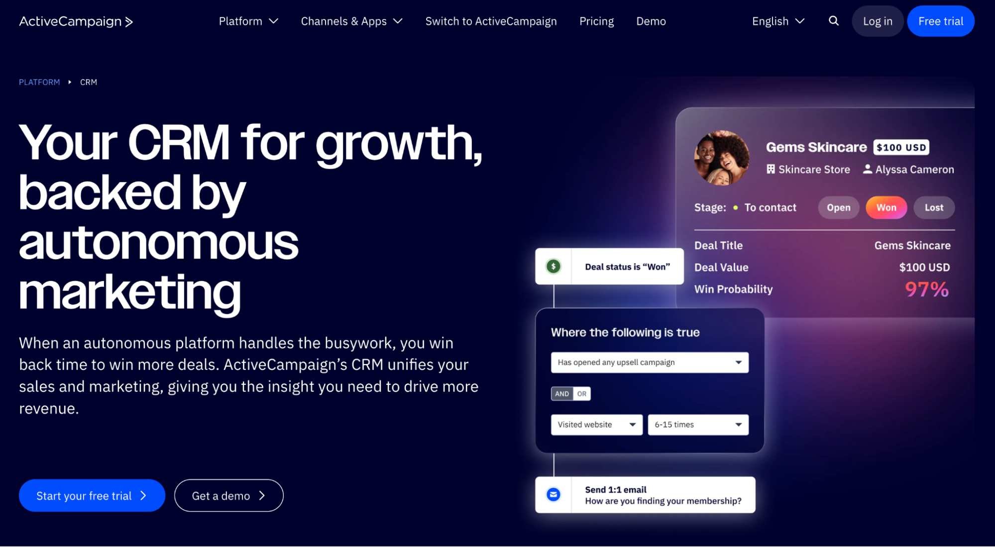 ActiveCampaign CRM platform showcasing a "Won" deal for "Gems Skincare" and automation rules, with the headline "Your CRM for growth, backed by autonomous marketing."