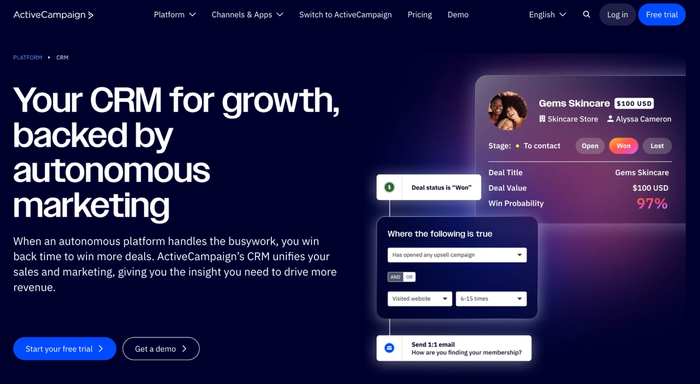ActiveCampaign CRM platform showcasing a "Won" deal for "Gems Skincare" and automation rules, with the headline "Your CRM for growth, backed by autonomous marketing."