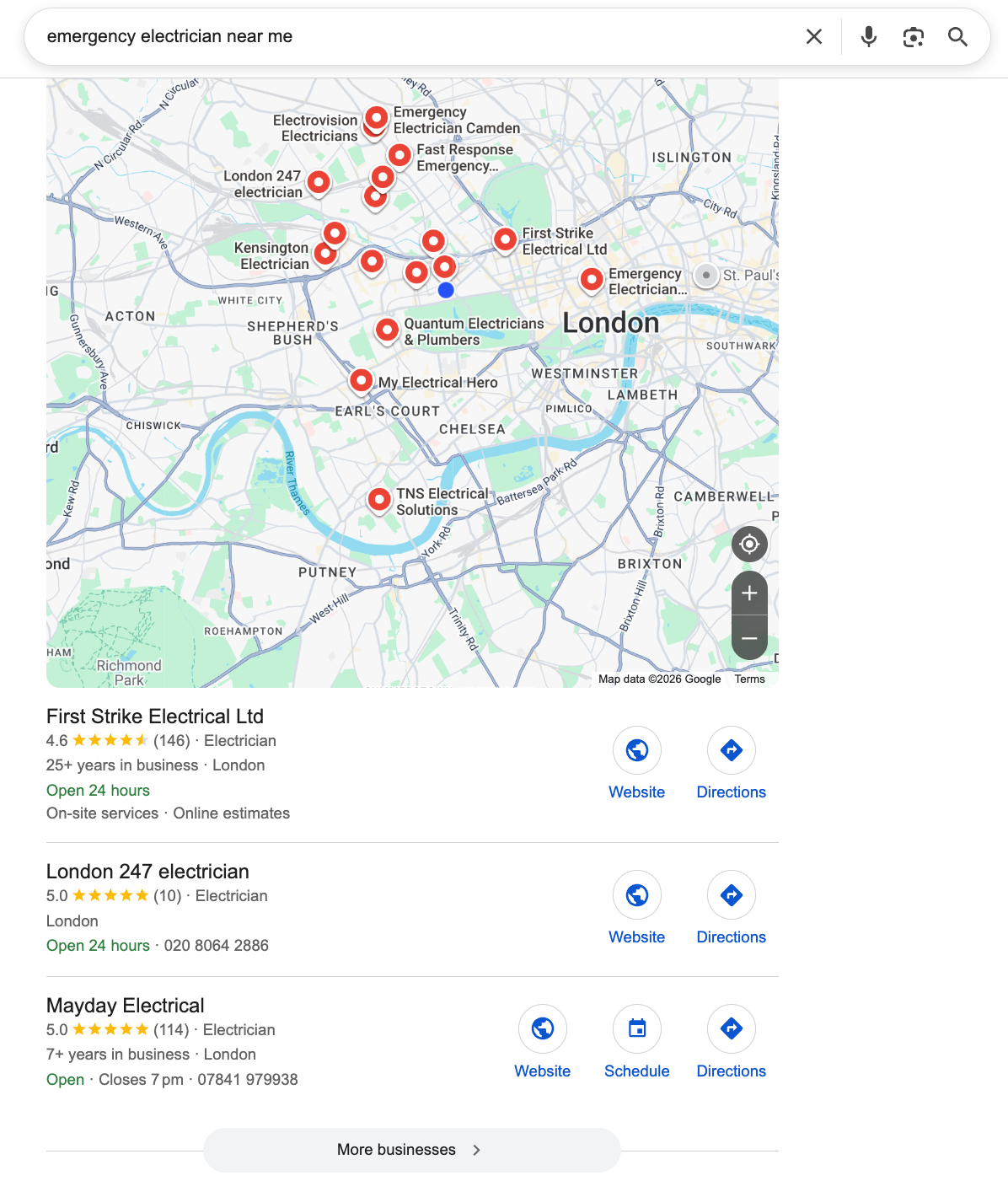 Google search results for "emergency electrician near me" showing a map of London with businesses marked and a list of local electricians below.