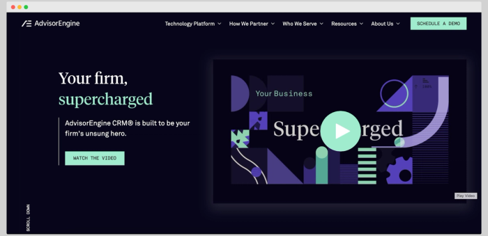 AdvisorEngine homepage with the tagline “Your firm, supercharged,” promoting its CRM as an essential firm tool with a mint green button to watch a video.