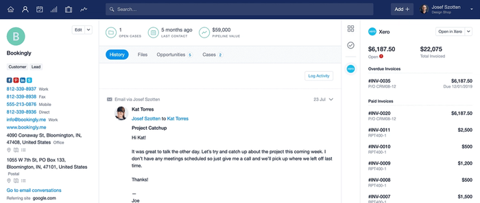 Xero side bar next to a contact in Capsule with a list of invoices