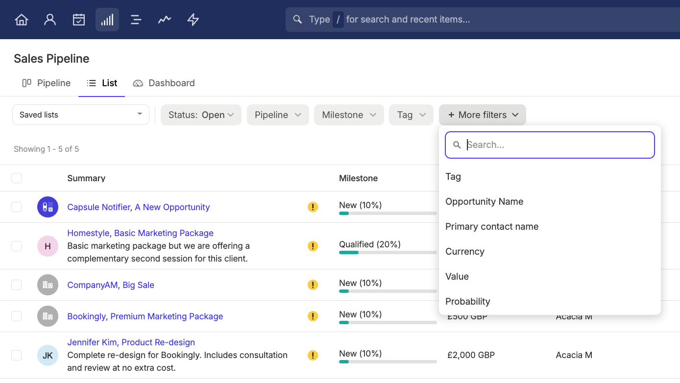 filtros de la lista de informes