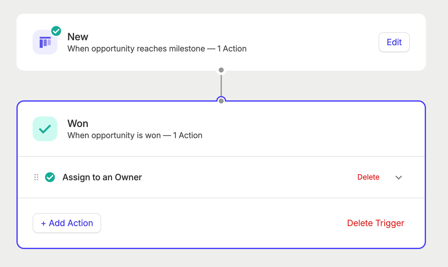 a screenshot of a Capsule workflow automation to reassign leads when you win new business