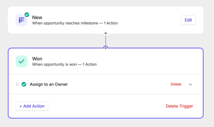 a screenshot of a Capsule workflow automation to reassign leads when you win new business