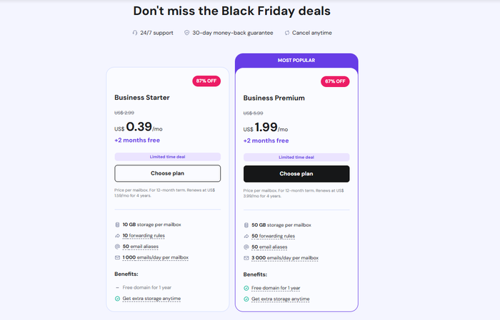 Black Friday deals for Business Starter ($0.39/mo) and Business Premium ($1.99/mo, most popular) email plans, both 87% off.