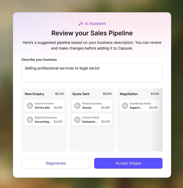 AI Assistant UI suggesting a sales pipeline for "professional services to legal sector", with stages like New Enquiry, Quote Sent, and Negotiation, showing example deals.