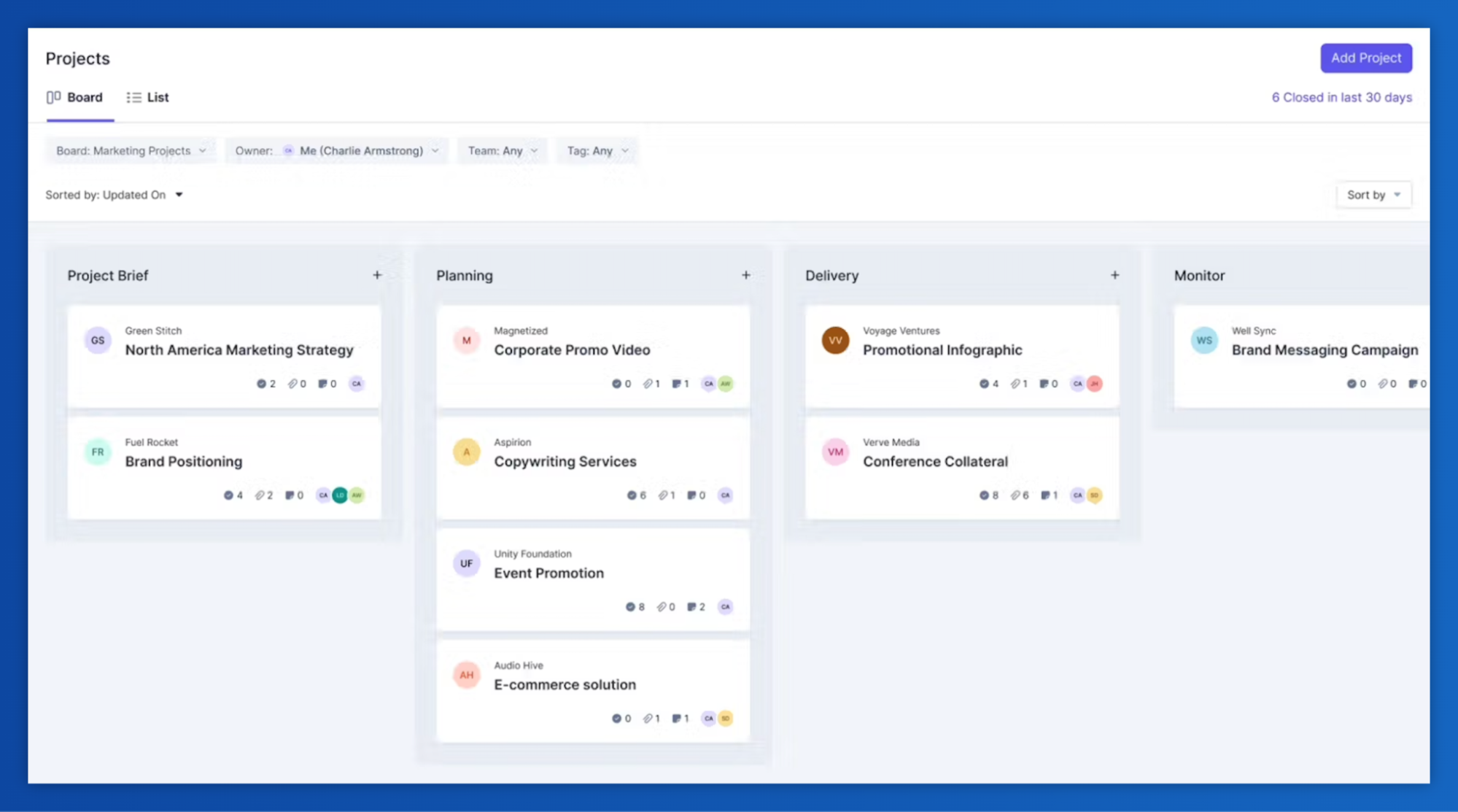 a screenshot of a dashboard showing a list of projects