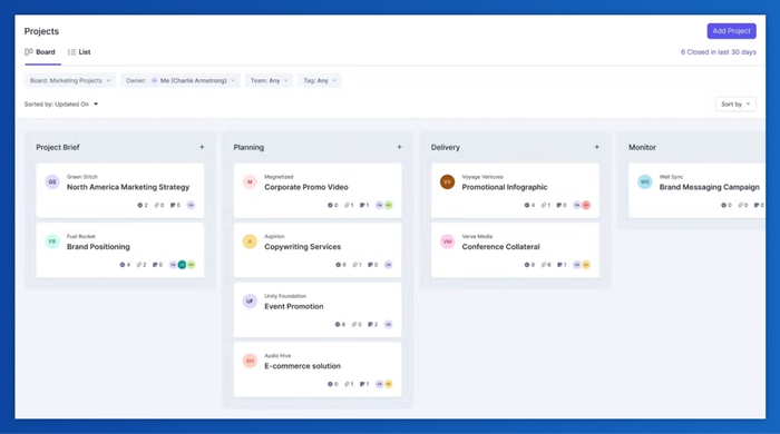 a screenshot of a dashboard showing a list of projects