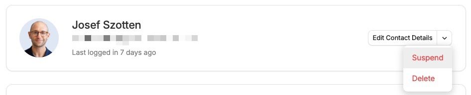Dropdown next to a user's name showing the option to suspend the user.