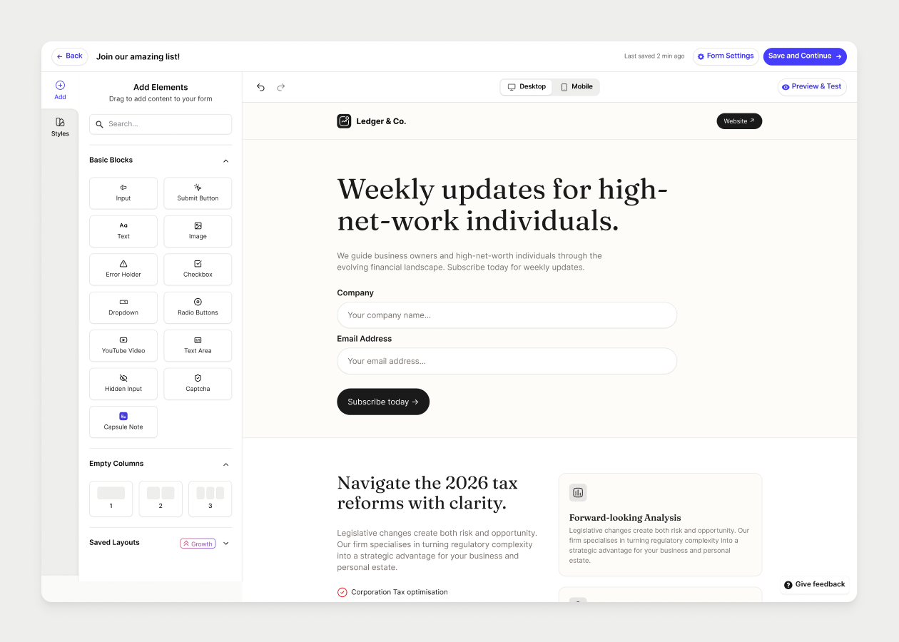 A landing page builder interface showing elements and a preview of a financial newsletter signup form.