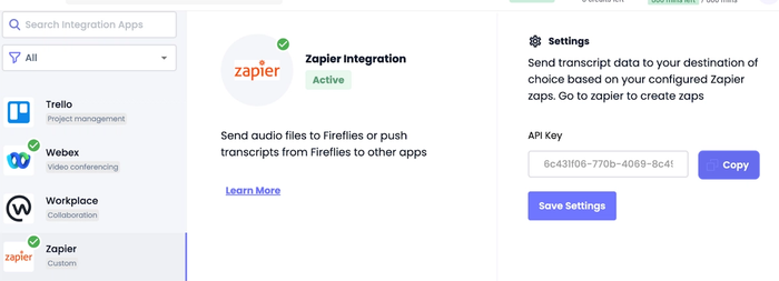Screenshot showing the integration settings inside the Fireflies app