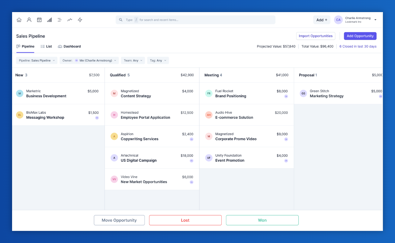 a screenshot of a sales pipeline with a list of opportunities