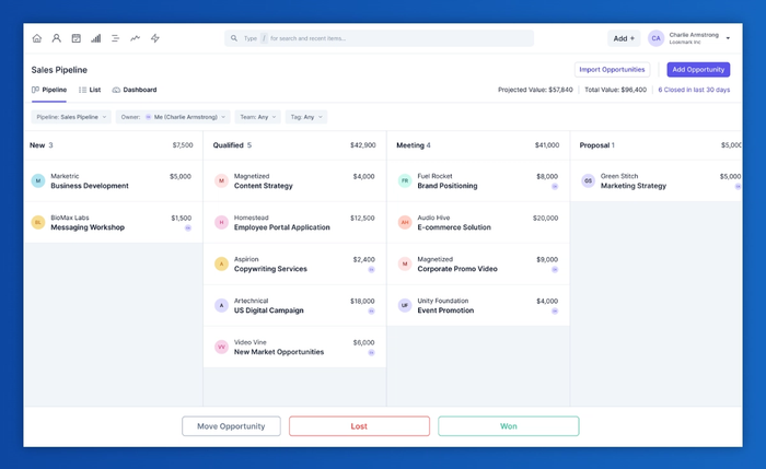 a screenshot of a sales pipeline with a list of opportunities