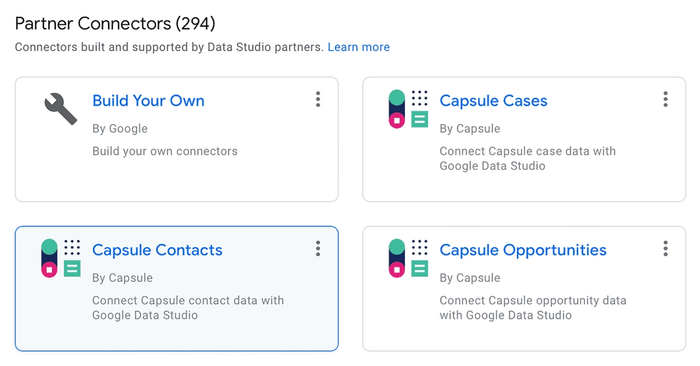 Connector options include: build your own, Capsule Projects, Capsule Contacts, Capsule Opportunities