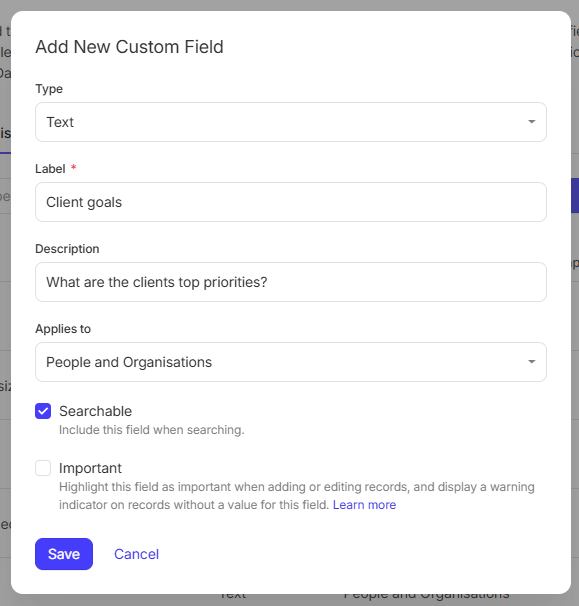a screenshot shows a pop up box in capsule where you can add a new custom field