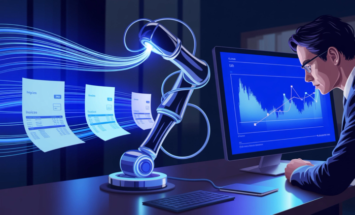 a man looking at a computer screen with a robotic arm behind him