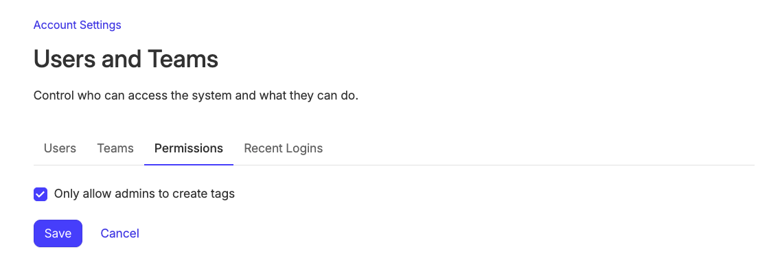 Showing the checkbox ticked to restrict Tags creation to admins