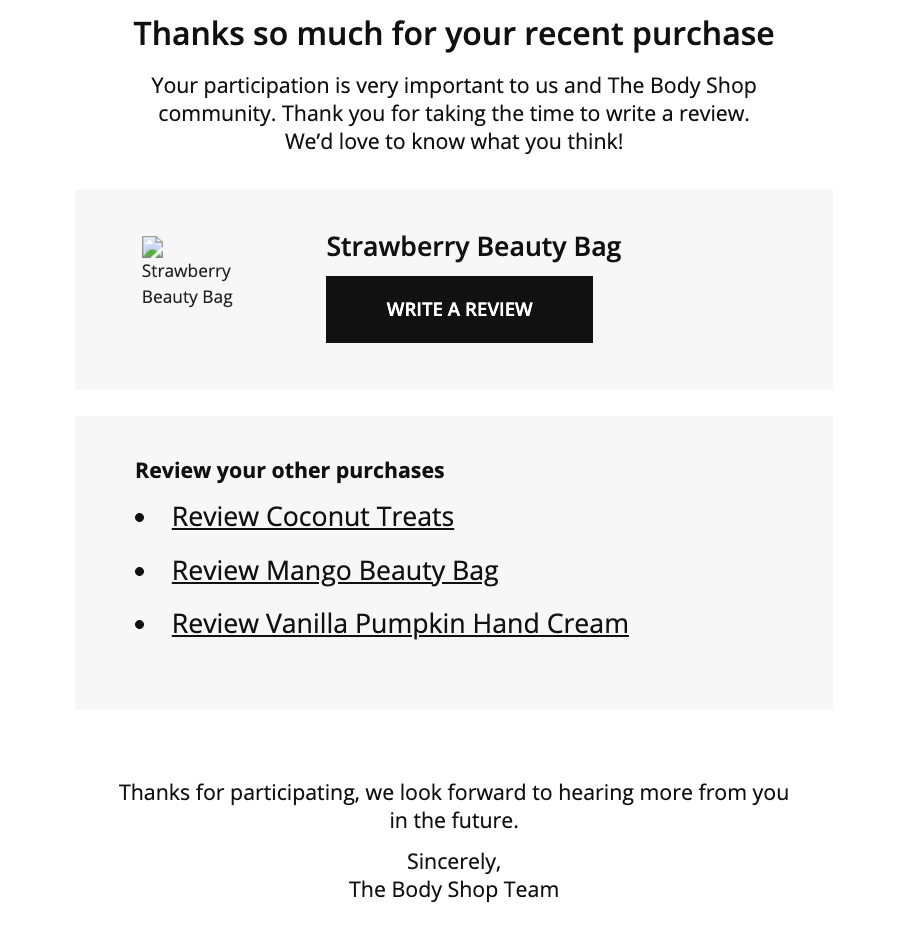 Thank-you email from The Body Shop inviting customers to review the Strawberry Beauty Bag and other recent purchases.