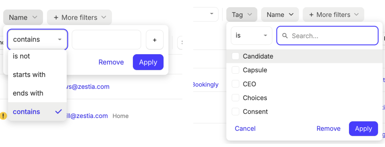 dois painéis com duas versões da seção Pessoas e Organizações no Capsule – o primeiro mostrando um filtro de texto com “contém” selecionado e o outro com “é” selecionado